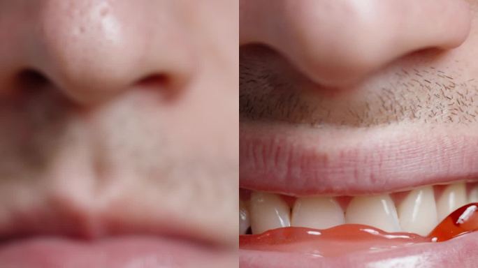 垂直视频。一名大胡子男子慢慢走近镜头，嘴里叼着吸血鬼尖牙形状的软糖。