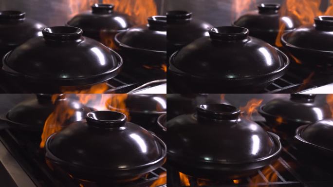 砂锅 燃气灶 火 煮沸的砂锅 砂锅煮米饭