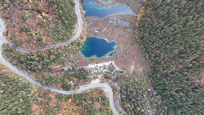 航拍四川九寨沟诺日朗瀑布秋季彩林风景空镜