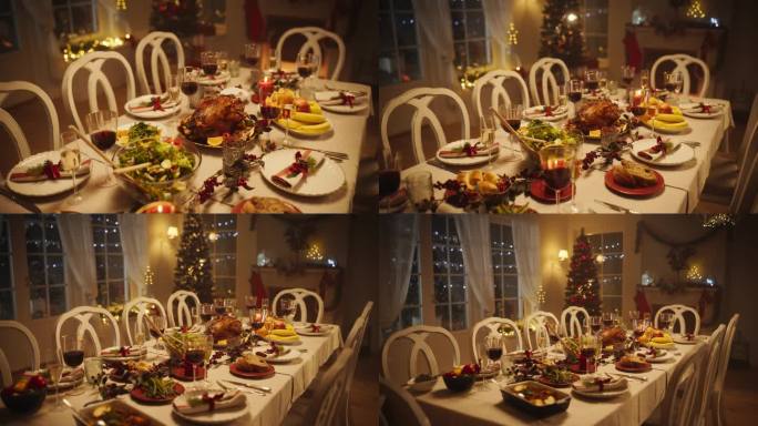 高雅装饰圣诞宴会餐桌烤火鸡菜，蔬菜和水果餐，烤土豆，甜点和饮料。在没有人的情况下拍摄视频