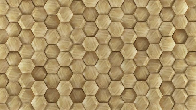 木凸六边形几何形状瓷砖背景。木制鼓鼓的蜂窝状数字马赛克图案。创意3d平面设计墙运动动画。