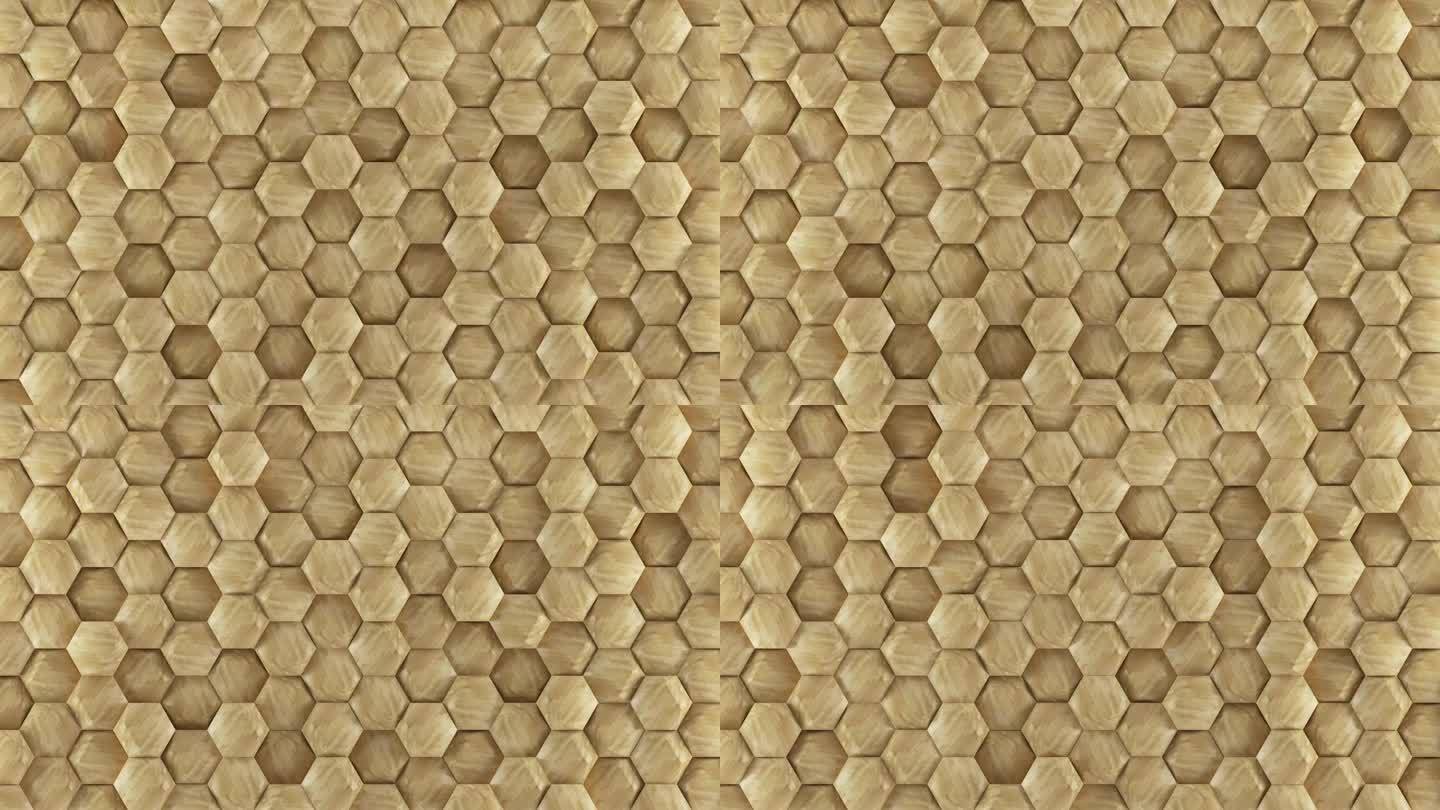 木凸六边形几何形状瓷砖背景。木制鼓鼓的蜂窝状数字马赛克图案。创意3d平面设计墙运动动画。