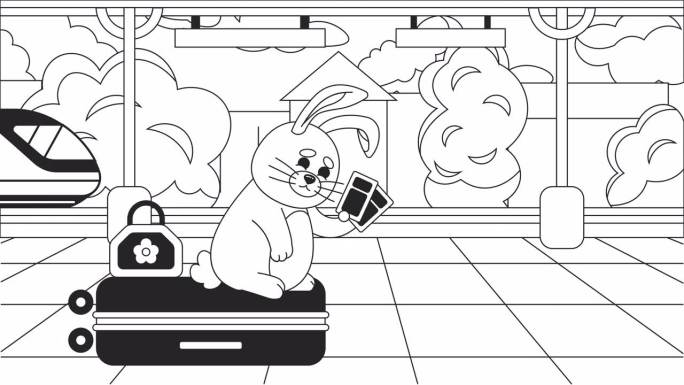 站台上的兔子旅行者，卡哇伊动画背景