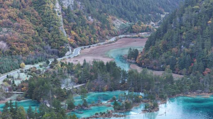 航拍四川九寨沟芦苇海群海秋季彩林风景空镜