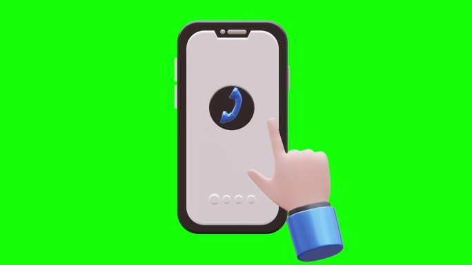 手点击呼叫按钮3D动画与绿色屏幕背景的智能手机