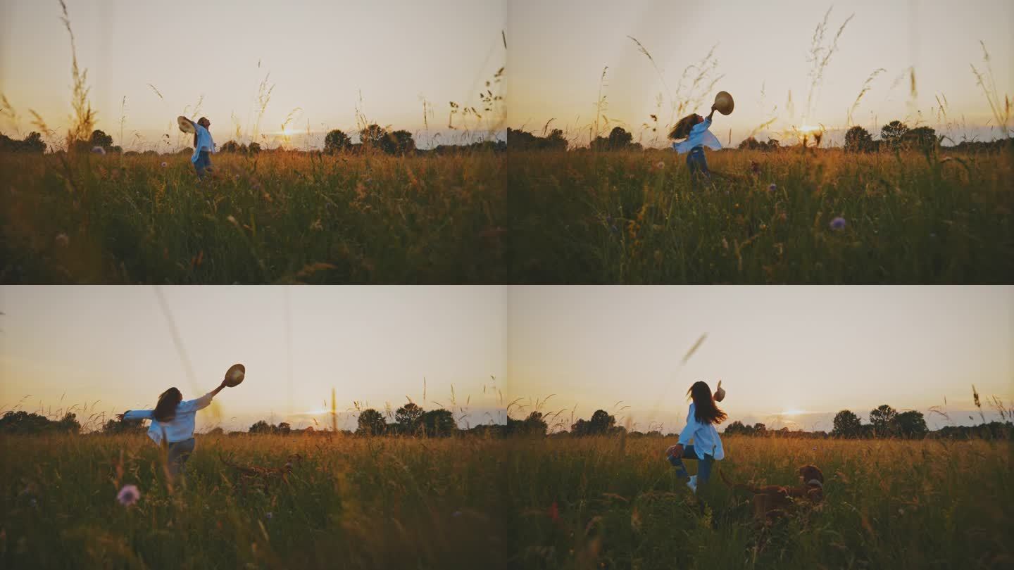 日落时分，一名女子在田野里与狗共舞
