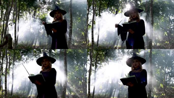 女巫晚上在森林里背诵有烟雾效果的魔法书