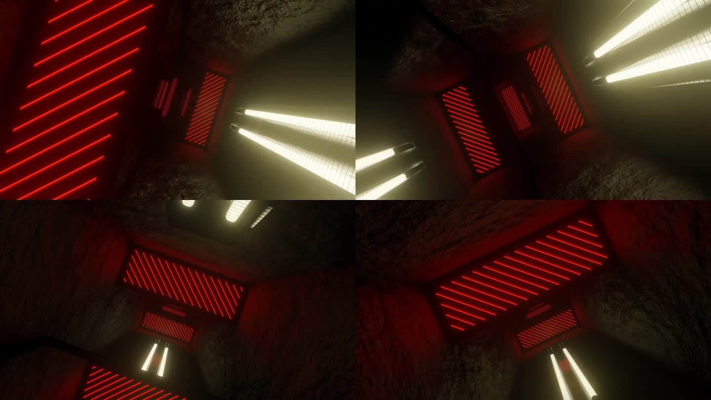 淡黄色和红色霓虹灯辉光方形镜子隧道背景VJ环路在4K