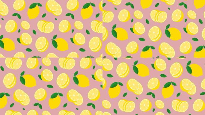 动画无缝图案与柠檬与一片柑橘。柠檬皮和柠檬叶。设计元素。循环视频背景