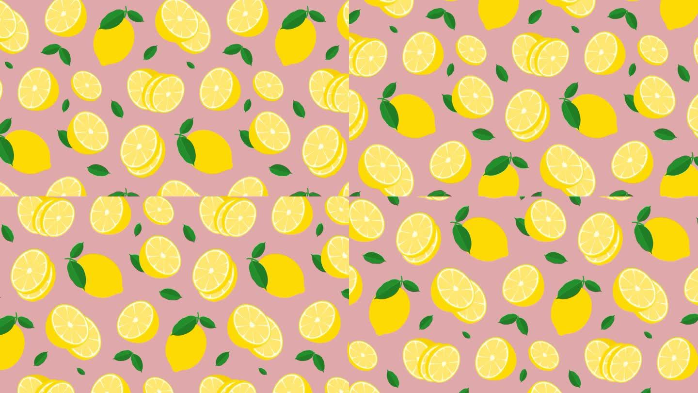 动画无缝图案与柠檬与一片柑橘。柠檬皮和柠檬叶。设计元素。循环视频背景