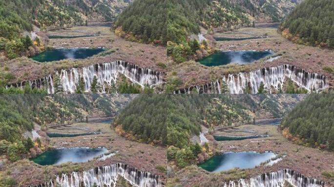 航拍四川九寨沟诺日朗瀑布秋季彩林风景空镜