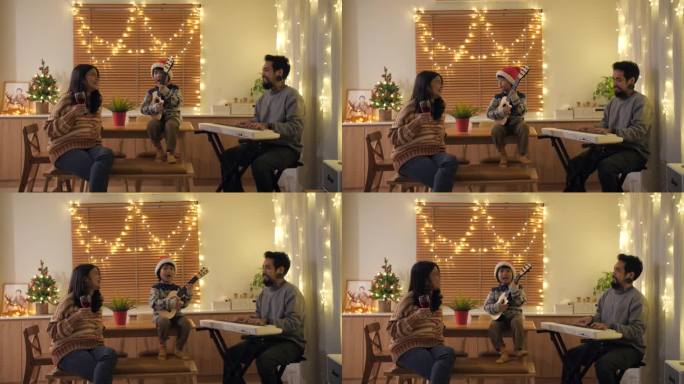 一个快乐的儿子和他的家人在装饰精美的圣诞主题客厅里欣赏音乐。