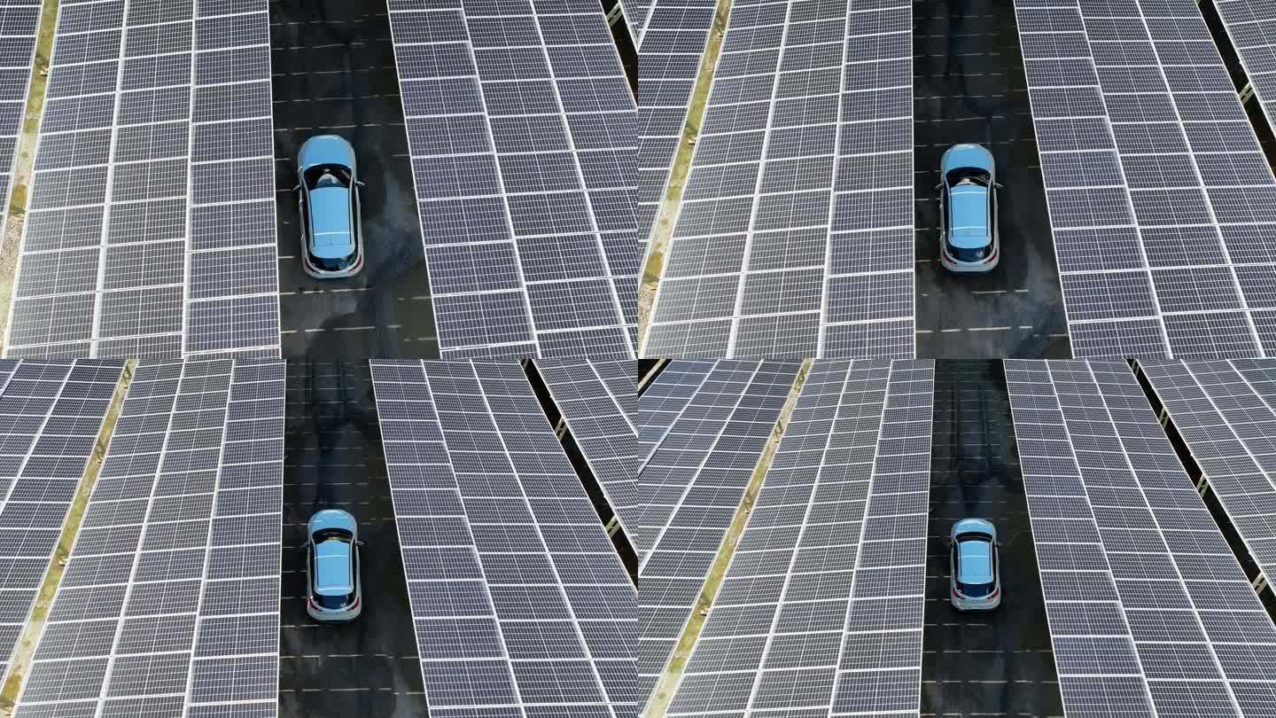 带有太阳能电池板的电动汽车充电站上方的4K航拍画面