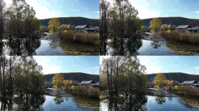 秋季郊区小河与农舍