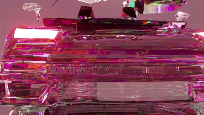 由闪亮的透明部件组装而成的钻石汽车。特写镜头。粉红色的霓虹色。广告。3D动画