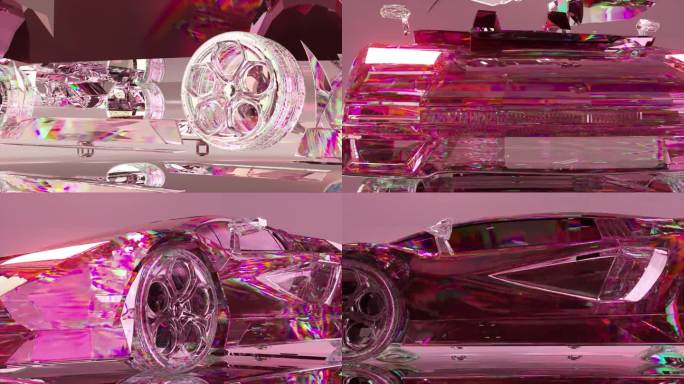由闪亮的透明部件组装而成的钻石汽车。特写镜头。粉红色的霓虹色。广告。3D动画