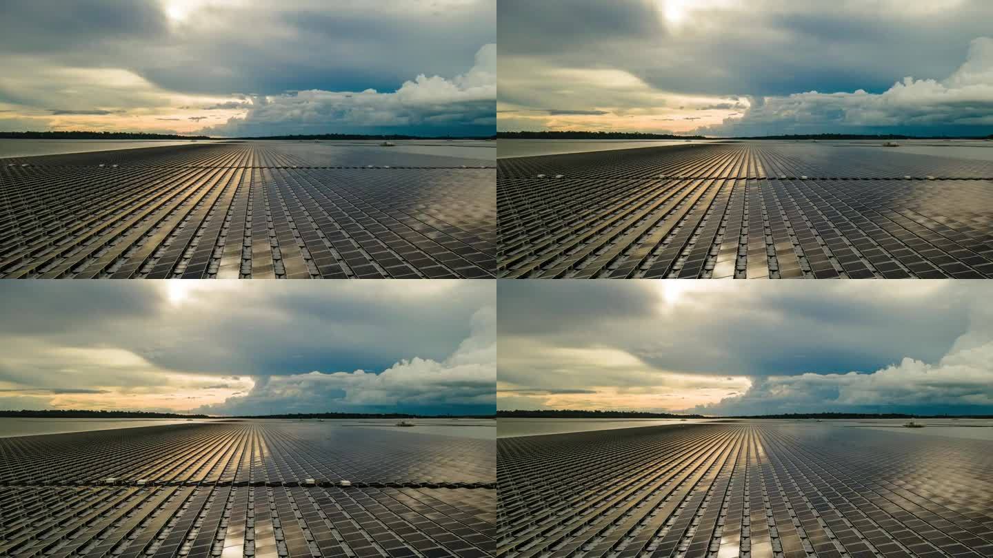 飞越漂浮的太阳能电池发电厂，太阳能电池在黄昏时在湖面上发电，航拍超延时视频
