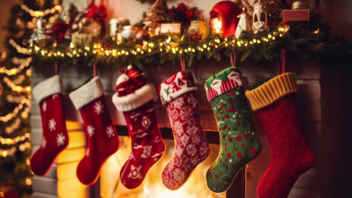 视频展示了一个令人愉快的，噼啪作响的壁炉，散发出舒适的温暖。位于壁炉上方的是典型的圣诞袜，准备迎接一
