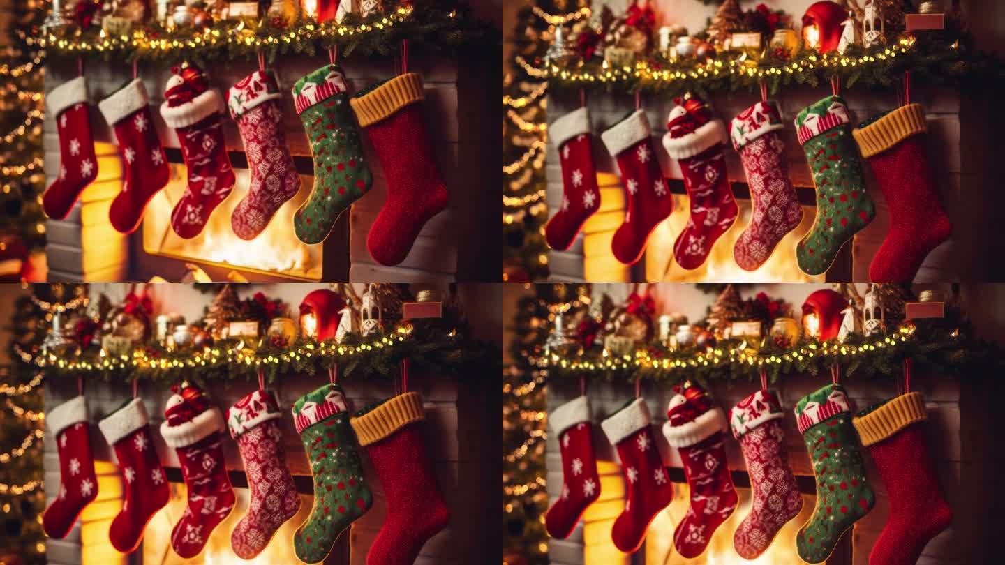 视频展示了一个令人愉快的，噼啪作响的壁炉，散发出舒适的温暖。位于壁炉上方的是典型的圣诞袜，准备迎接一