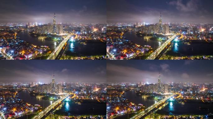 鸟瞰胡志明市及其夜间交通。