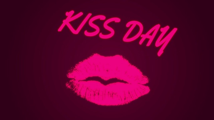在暗红色的背景上，粉色的霓虹口红印和“亲吻日”的字样出现了。接吻日动画。