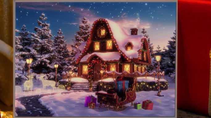 神奇的动画圣诞贺卡或艺术绘画与一个舒适的房子，风格与节日装饰冬季假期。圣诞老人在森林里的家有很多雪和