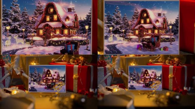 神奇的动画圣诞贺卡或艺术绘画与一个舒适的房子，风格与节日装饰冬季假期。圣诞老人在森林里的家有很多雪和