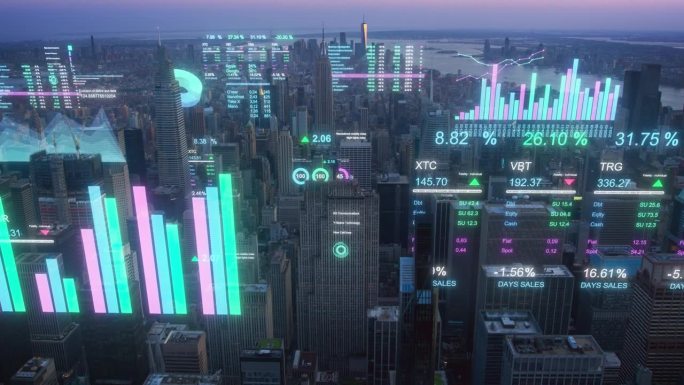 现代智慧城市概念:纽约市的空中直升机镜头与动画数字化视觉在地标商业建筑。VFX数据与图形，图表，城市