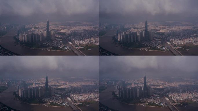 越南，云中地标建筑的空中超俯摄影。无人机以ccw方向环绕塔楼和天际线全景、西贡河和交通大桥飞行。东南