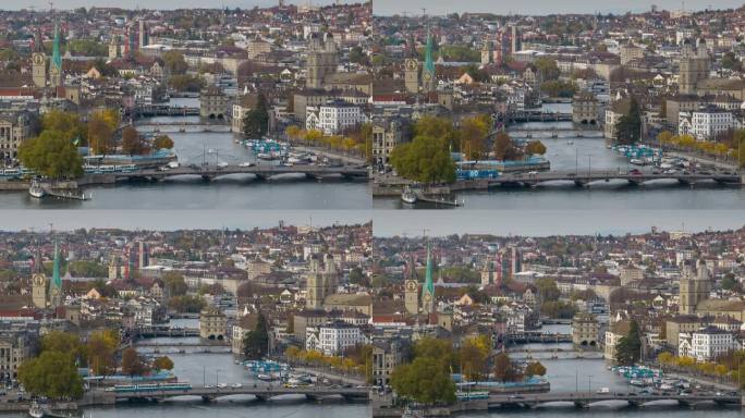 白天苏黎世市中心著名的湖滨湾交通大桥航拍全景延时4k瑞士