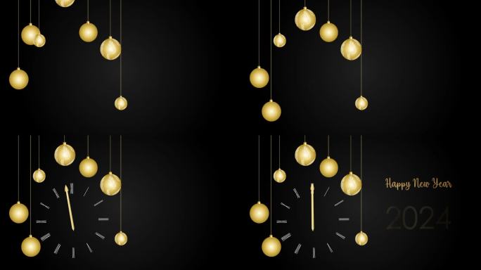 金色的圣诞树气球，带指针的钟。新年快乐2024，优雅的黄金动画4k暗背景