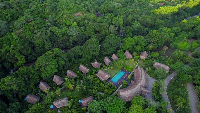 在哥伦比亚的丛林山上，有私人游泳池的茅草屋顶小屋。鸟瞰图