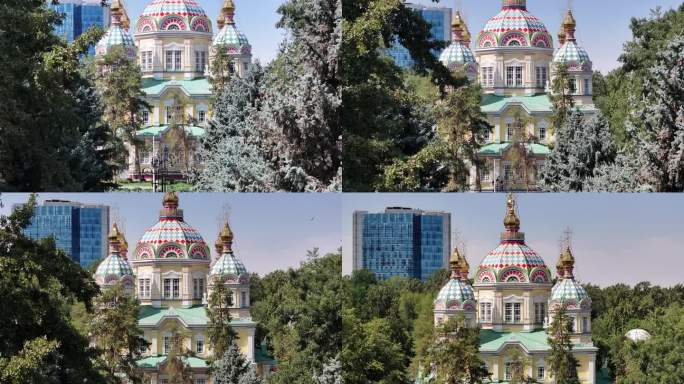 一个夏天的早晨，用四轴飞行器俯瞰建于1907年的哈萨克斯坦阿拉木图东正教木制阿森松大教堂