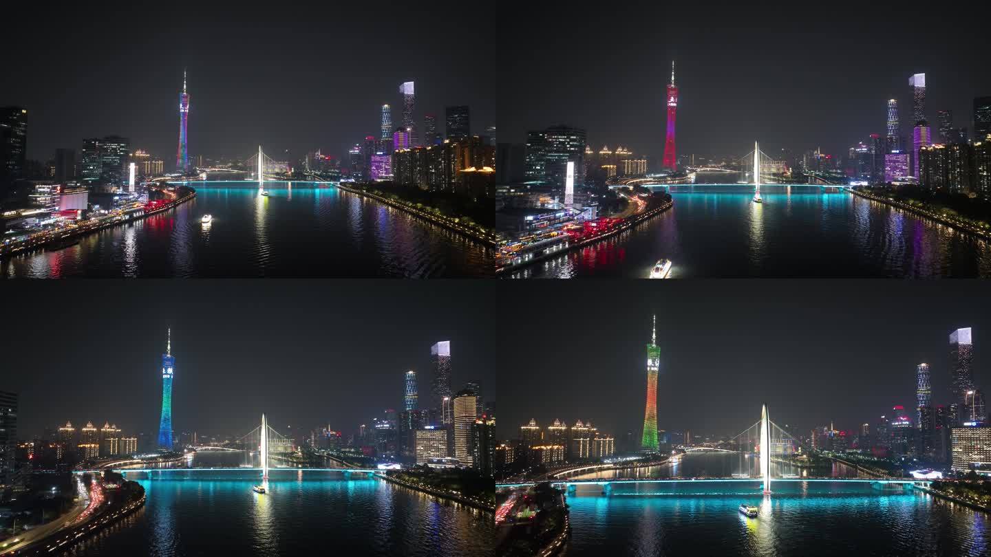 广州塔珠江夜景航拍猎德大桥夜晚江滨风光