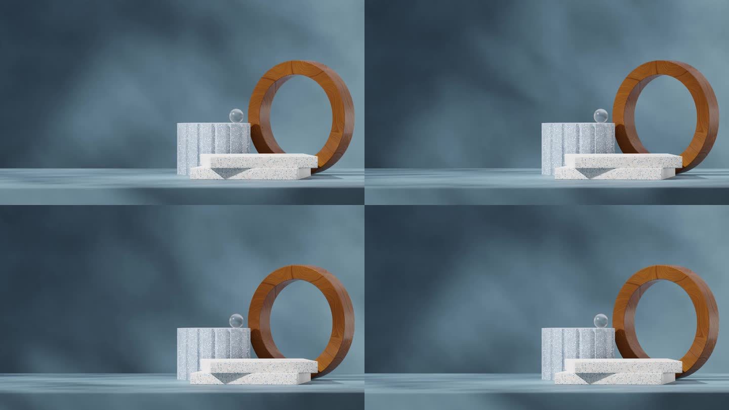 无缝阴影动画循环与木环和蓝色支柱背景，3d视频渲染空间的天然水磨石讲台