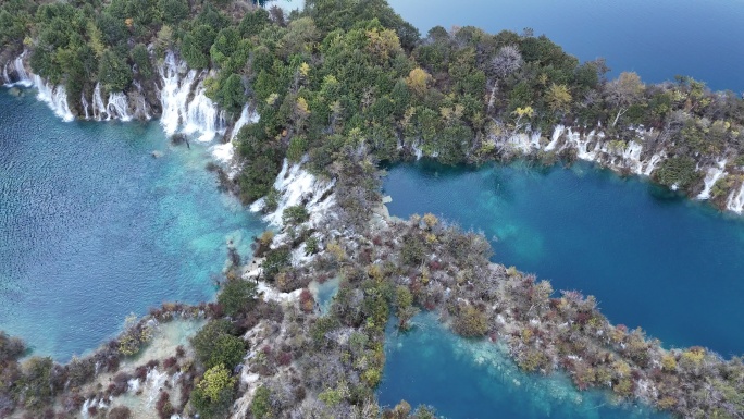 航拍四川九寨沟树正海群海秋季彩林风景空镜