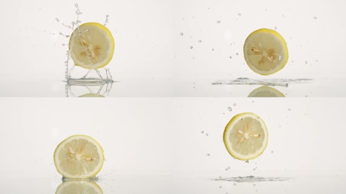 柠檬切片落到水面，水花飞溅慢镜头