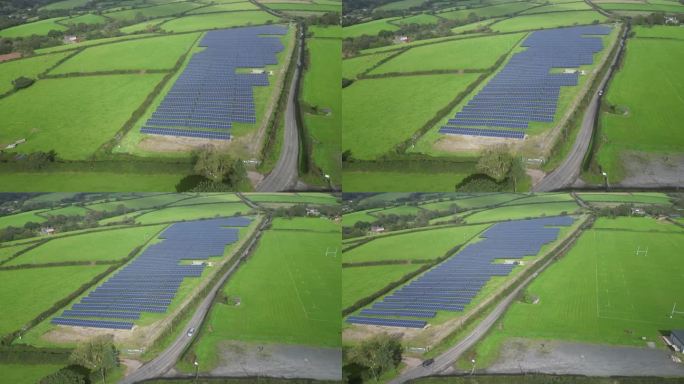 英国南德文郡王桥:无人机视角:太阳能电池板农场和橄榄球联盟运动场地(剪辑1)