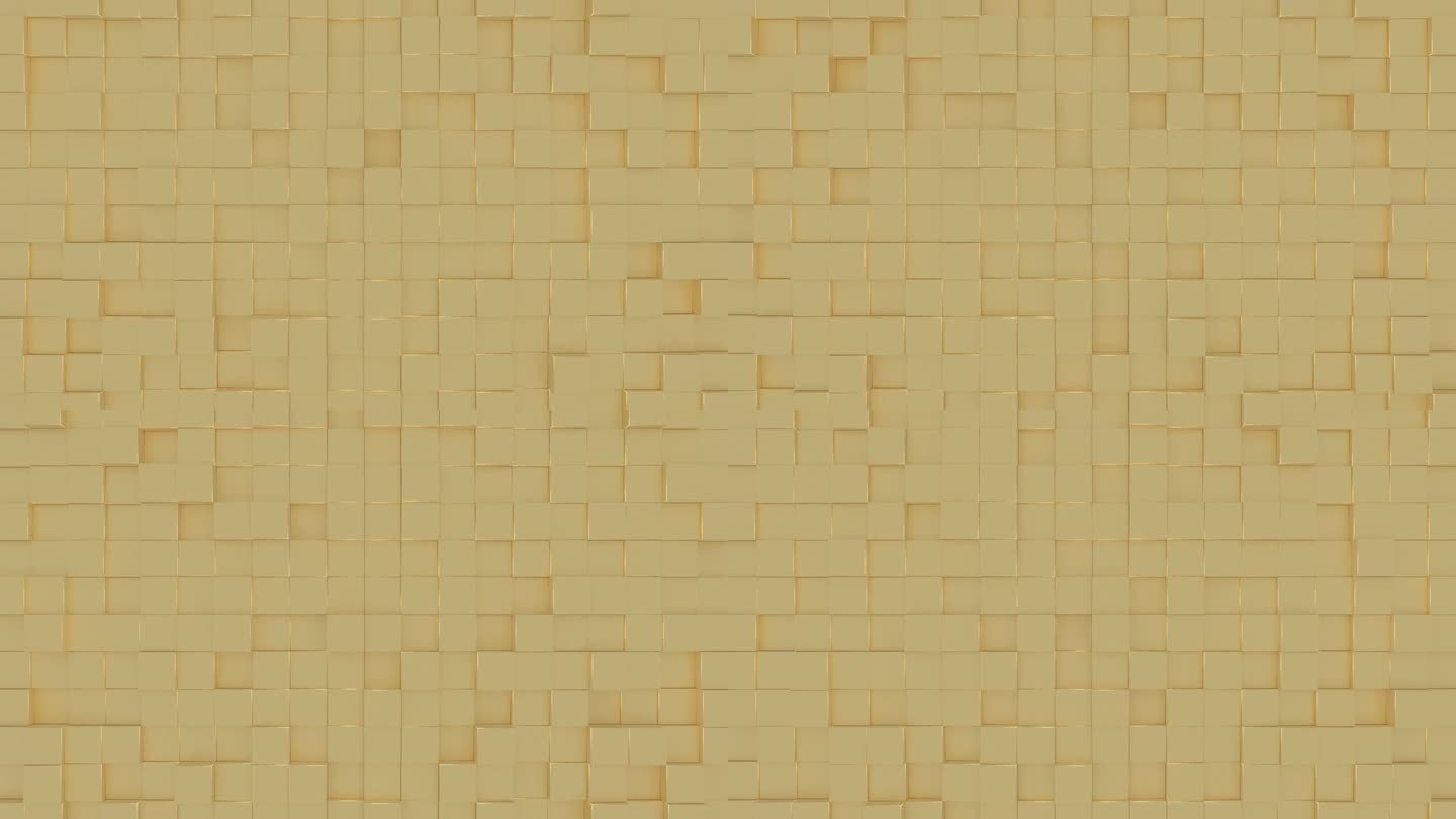 黄金光泽立方体几何瓷砖背景。鼓鼓囊囊的金色数码马赛克图案。创意3d平面设计运动动画。