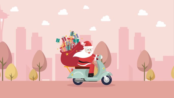 圣诞老人骑着摩托车送圣诞快递