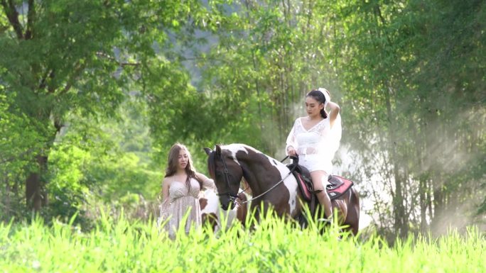 春天，美丽的女人和马在田野里。夏日田野森林里幸福的白裙女人牵着马。