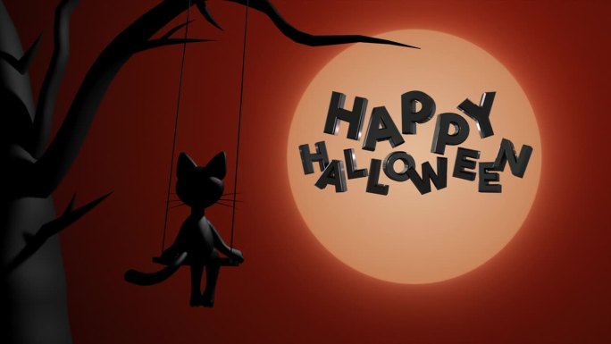 万圣节快乐，3D动画，有标题，月亮和黑猫