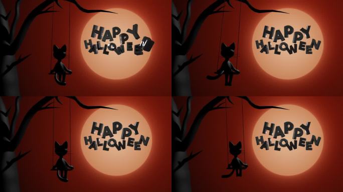 万圣节快乐，3D动画，有标题，月亮和黑猫