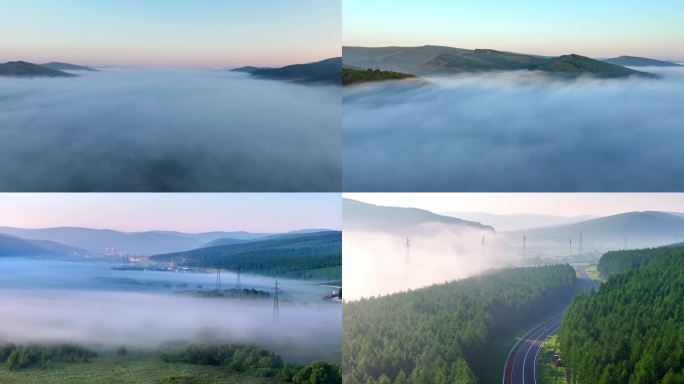 晨雾中的群山-城镇-输电线路-道路-森林