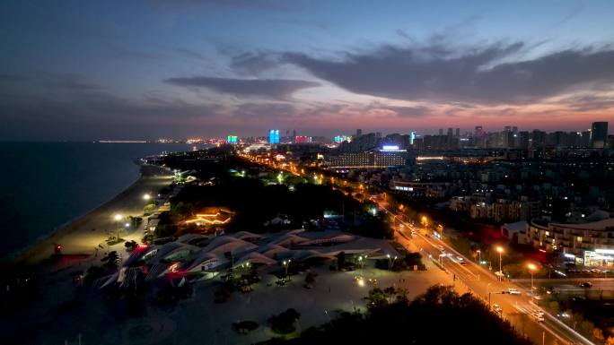 4K航拍山东省日照市日照夜景