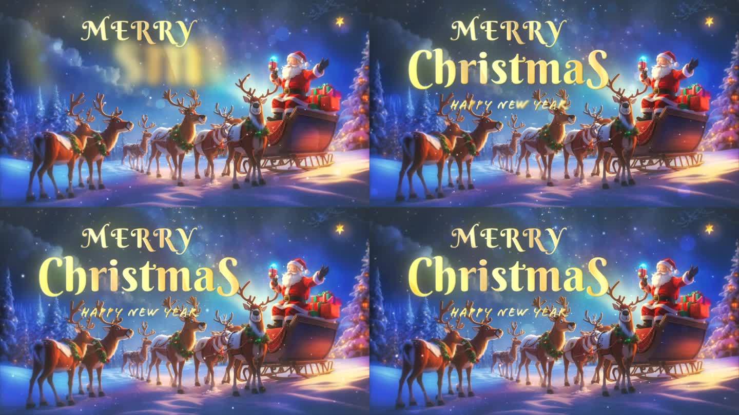 圣诞快乐动画手写书法文字圣诞老人与驯鹿雪花飘落的背景