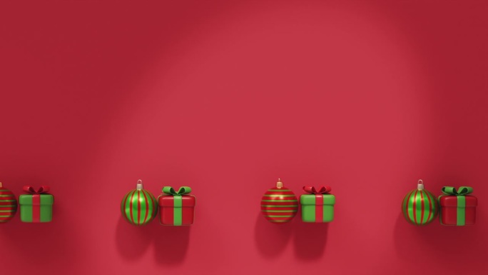 在红色背景上，圣诞树球和礼品盒互相推着滚。圣诞节和新年的概念。3 d渲染。无缝循环视频。