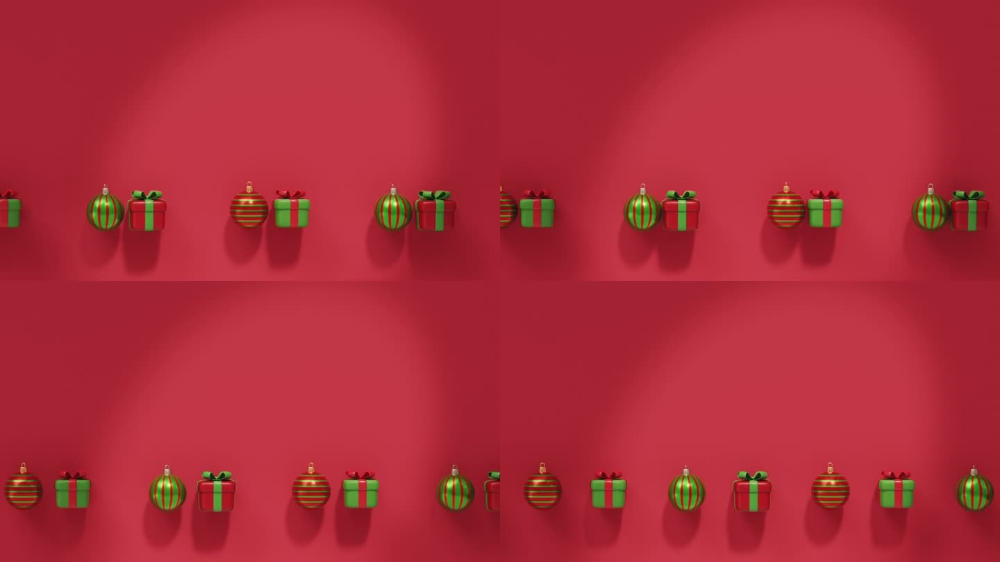 在红色背景上，圣诞树球和礼品盒互相推着滚。圣诞节和新年的概念。3 d渲染。无缝循环视频。