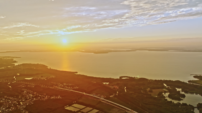 上海青浦淀山湖东方绿舟航拍夕阳落日