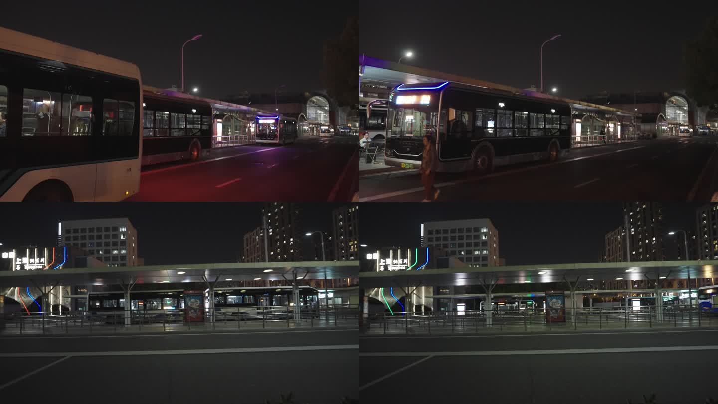 (4k商用)夜晚公交站 公交车逐格 上海